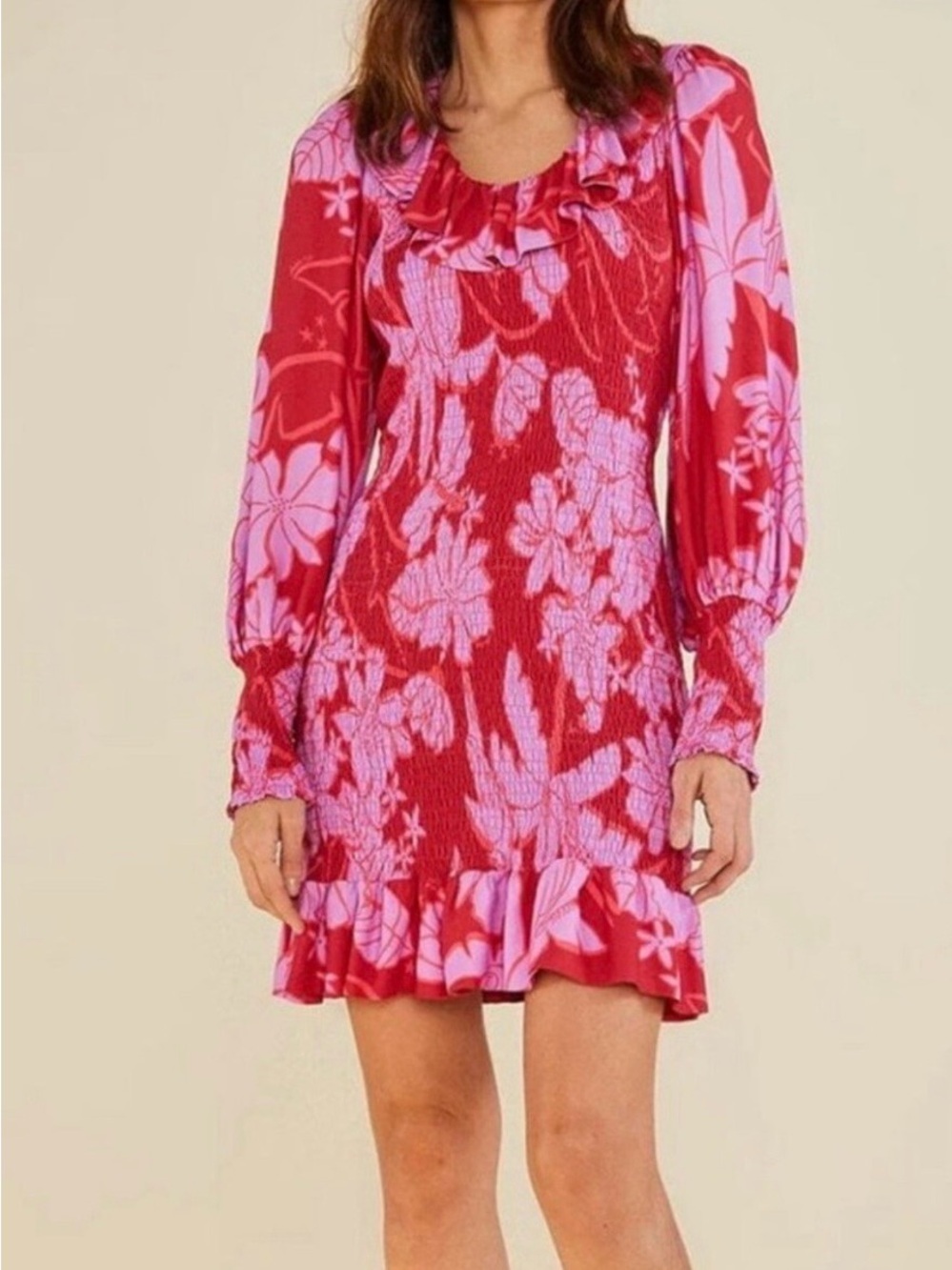 Smocked Floral Ruffle Mini Dress - Pink/Red